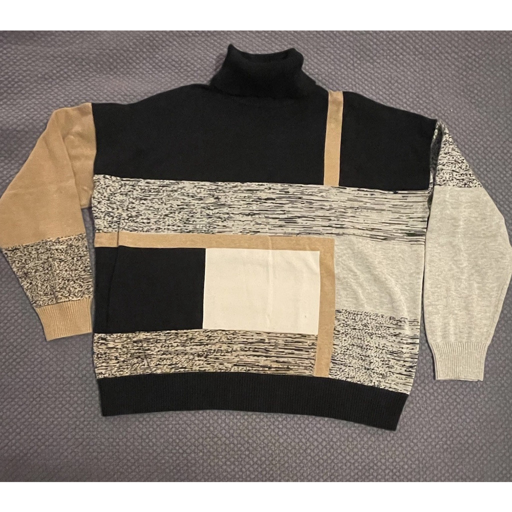 Edinburgh Knitwear Turtleneck Size Large Grey Black Tan Patch Sweater
